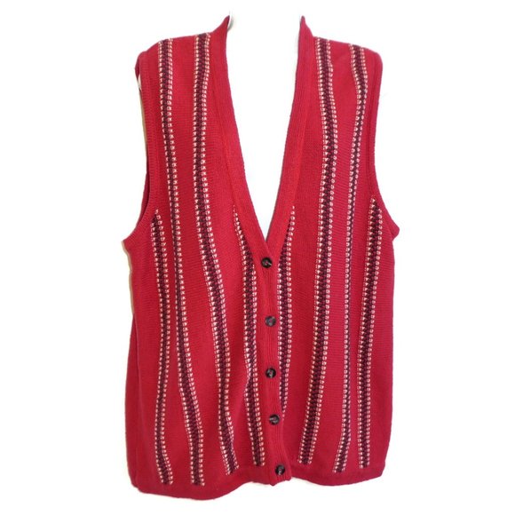 Vintage Red Cardigan Sweater Vest Ivy Embroidered Grandpa Button Front Stripe L - Picture 2 of 6